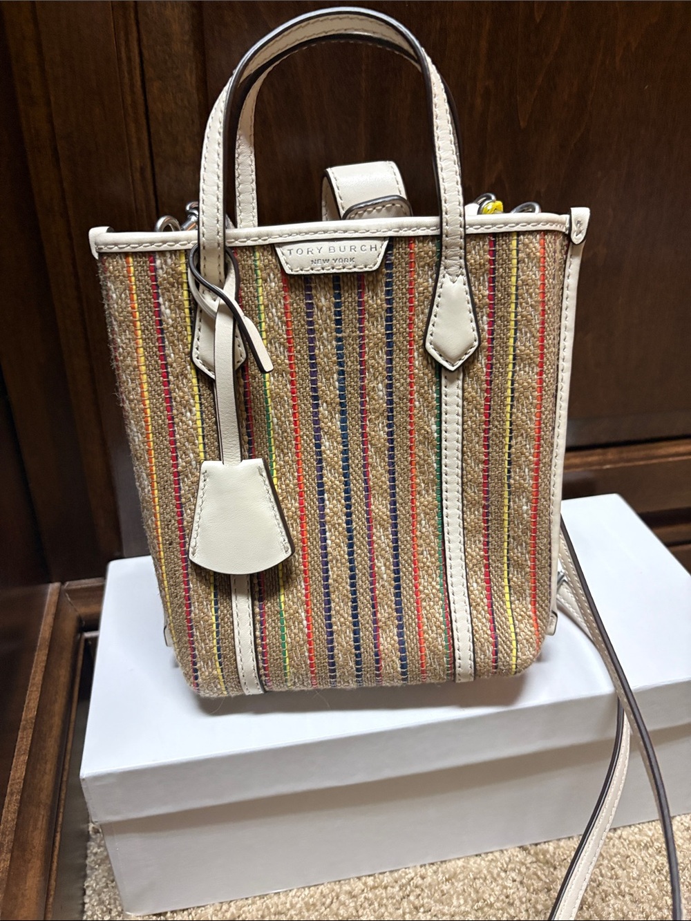 Tory Burch Perry Raffia Cream Leather-Trim Multicolor Striped Crossbody